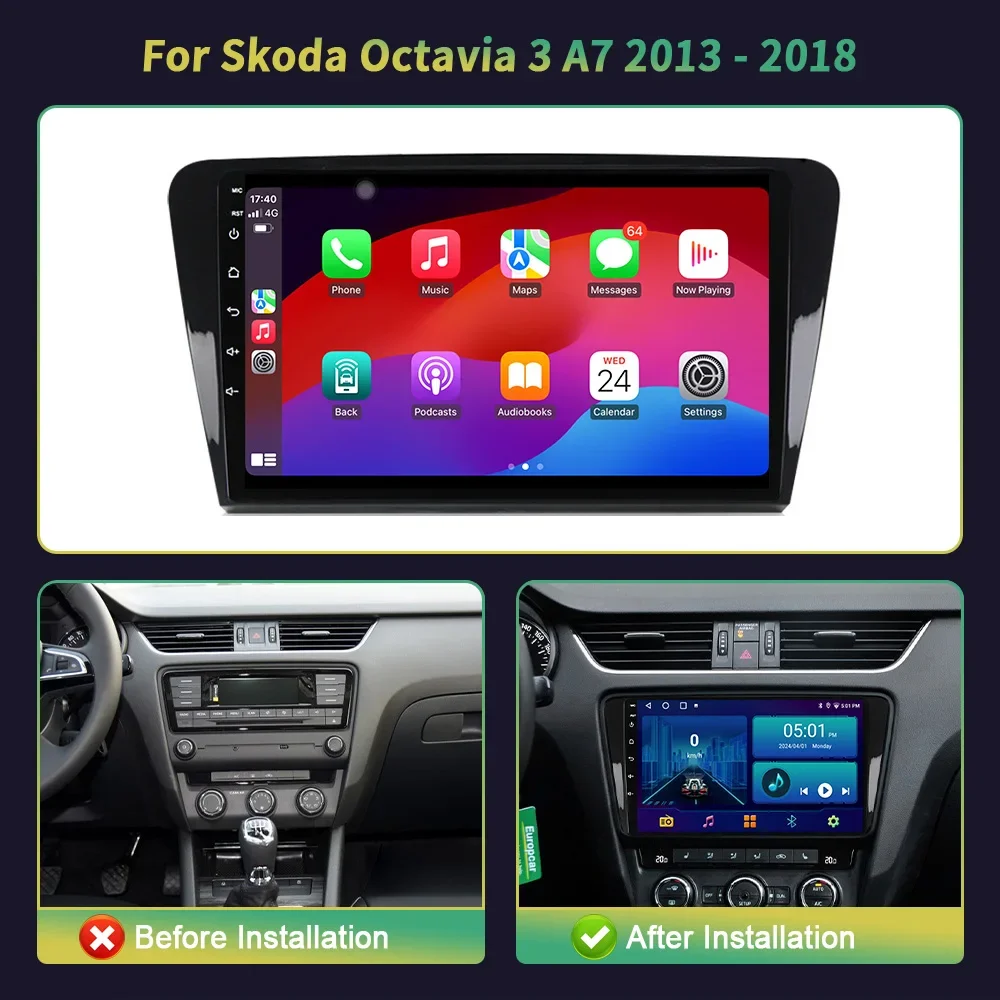 For Skoda Octavia 3 A7 2013-2018 Android 14 Head Unit Car Radio Multimedia Navigation Carplay Stereo 2 Din Screen GPS Console