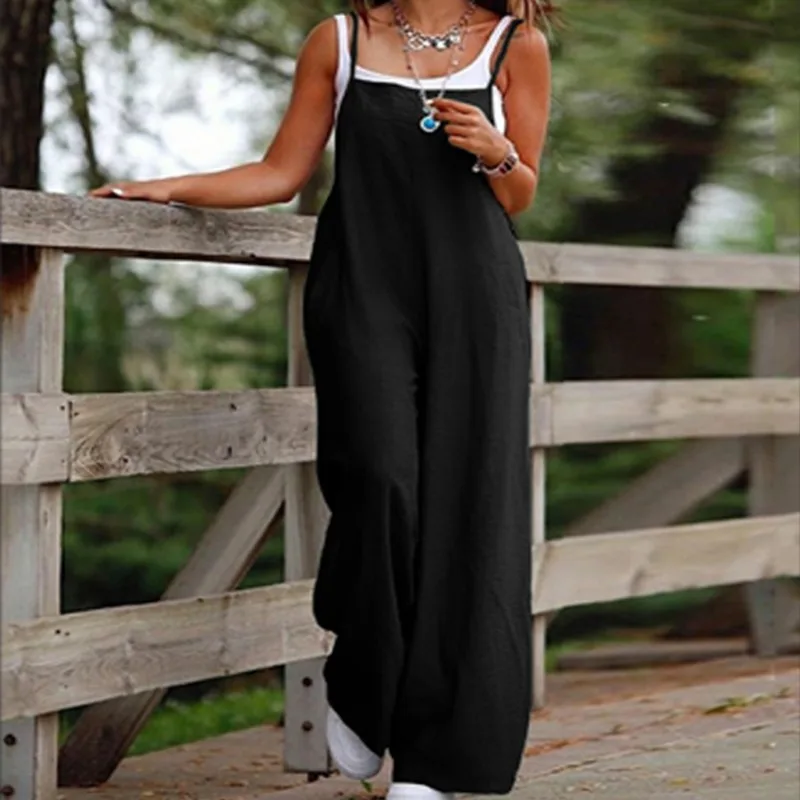 

Women'S Straps Black Loose Casual Sleeveless Sexy High Waist Summer Solid Suspender Pocket Trousers Jumpsuit Wide-Leg Pants