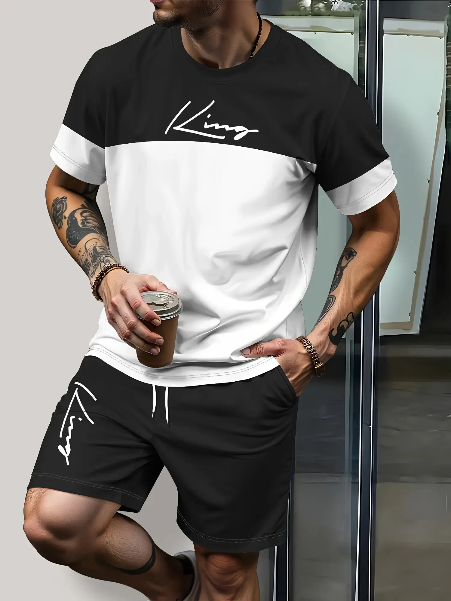 

Men's Stitched Letter Print T-shirt Shorts 2-piece Set Casual Street T Shirt Suit Clothing Short Sleeve Tee Elastic Waist Shorts