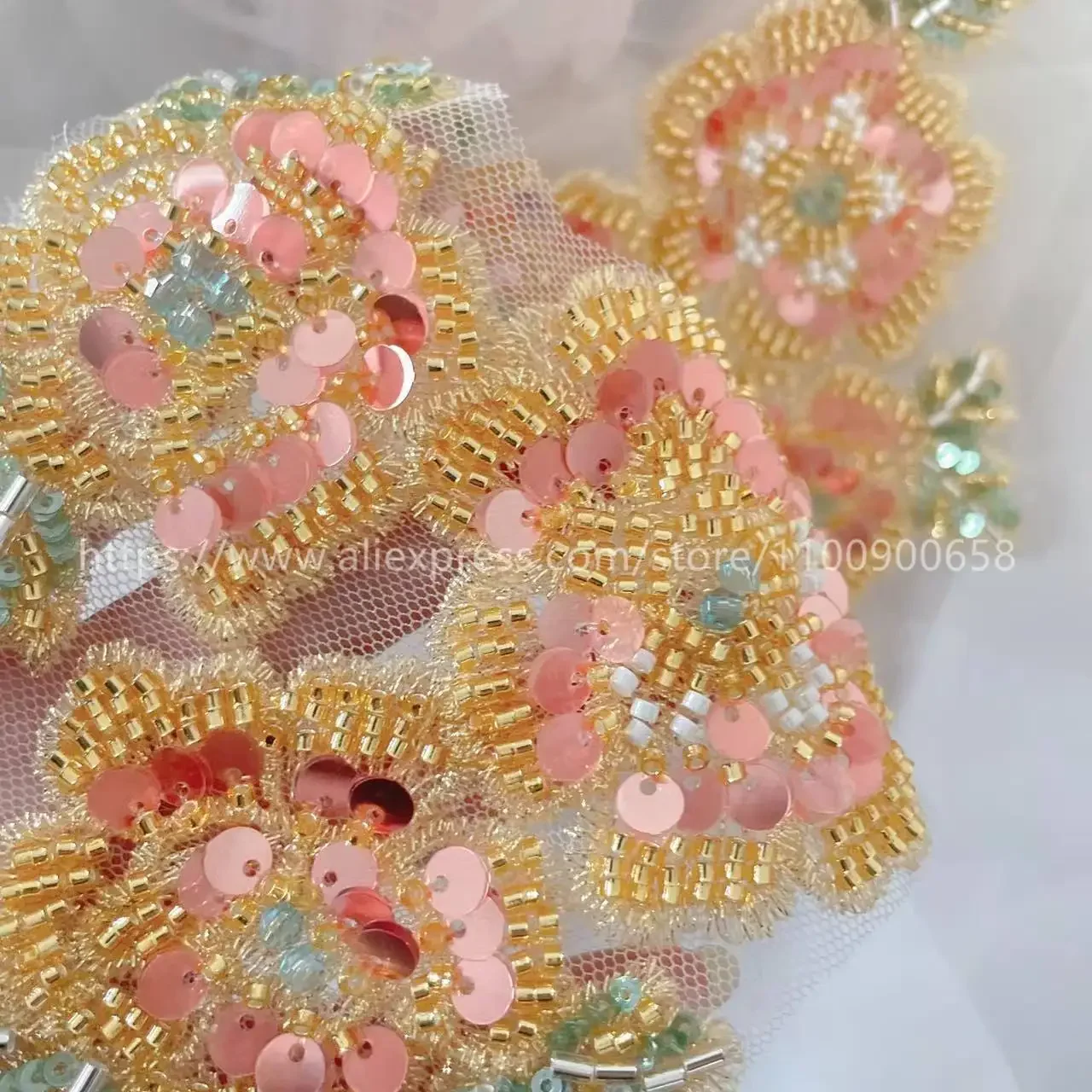 Multicolor Golden Bead Rose, Shining Sequins Applique, Embroidery Patches, Sewing Handmade. DIY Jewelry Materials RS24667