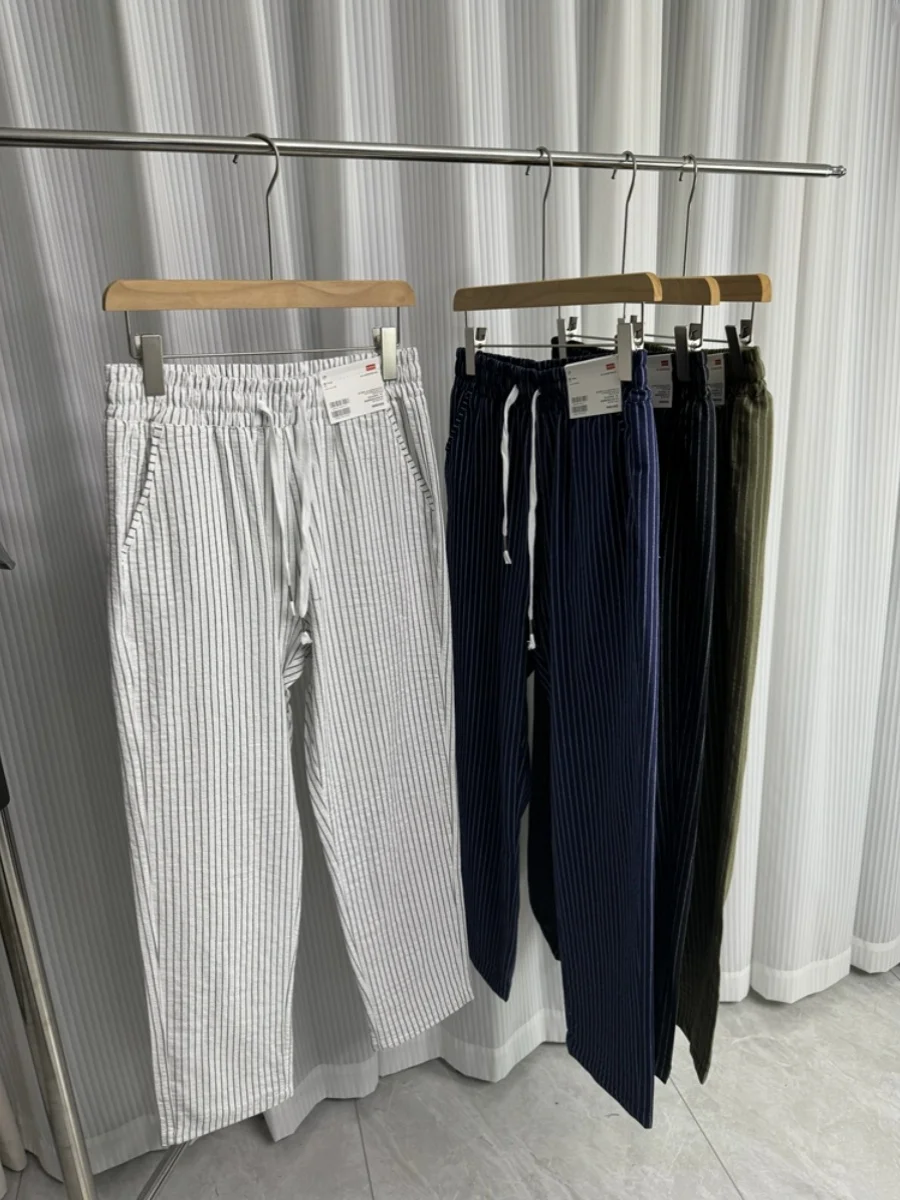 

Летние мужские повседневные хлопковые льняные брюки с пузырьковой текстурой, прямые полосатые дышащие длинные брюки со свободной талией