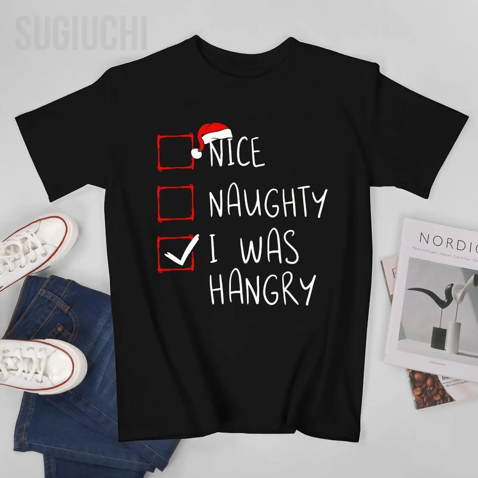Unisex Men Nice Naughty I Was Hangry Christmas List Xmas Santa Claus Tshirt Tees T Shirts Women Boys 100% Cotton T-Shirt