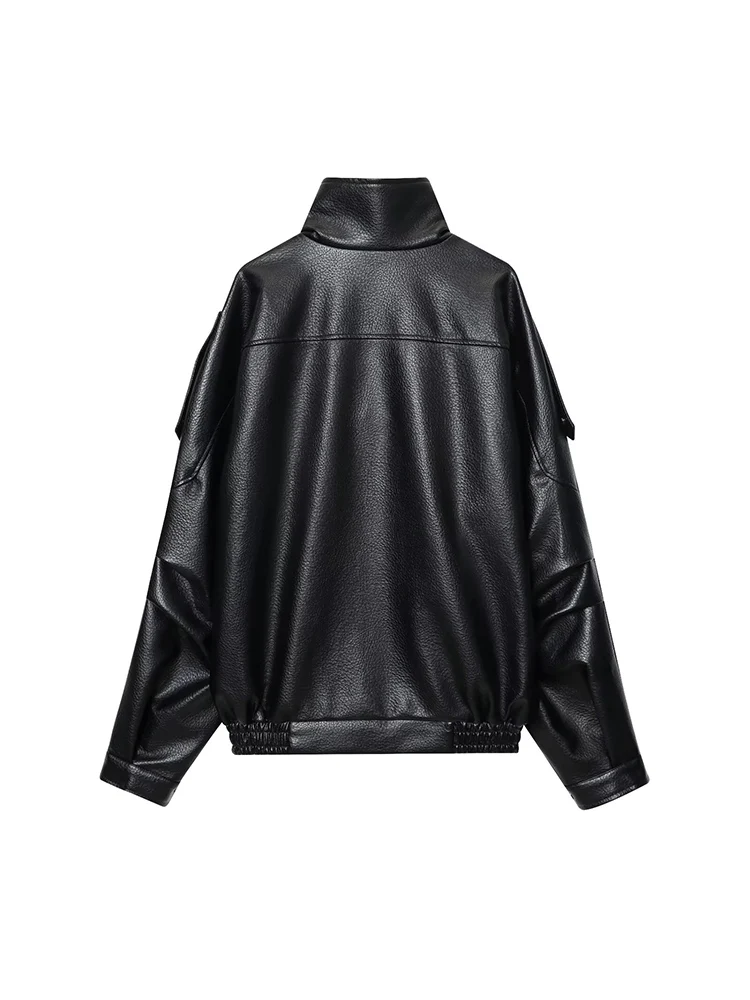 Chaqueta de cuero con doble cuello y cinturón de color sólido con temperamento versátil a la moda para mujer de estilo europeo