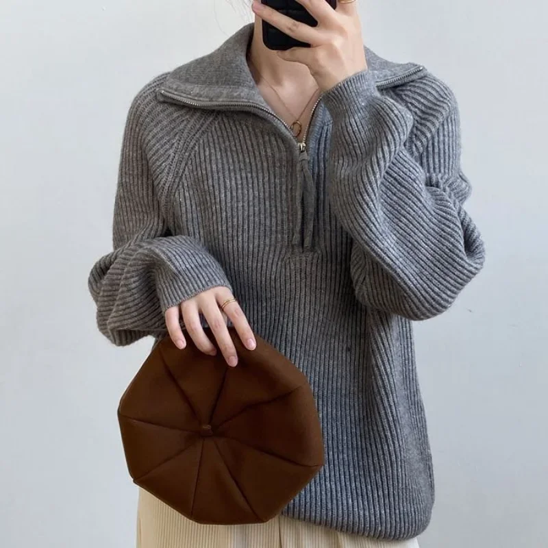 

5 Colors Sweaters Women Solid Korean Style Chic Tender Autumn Zipper All-match Long Sleeve Knitted Pullovers Vintage Fashion Ins