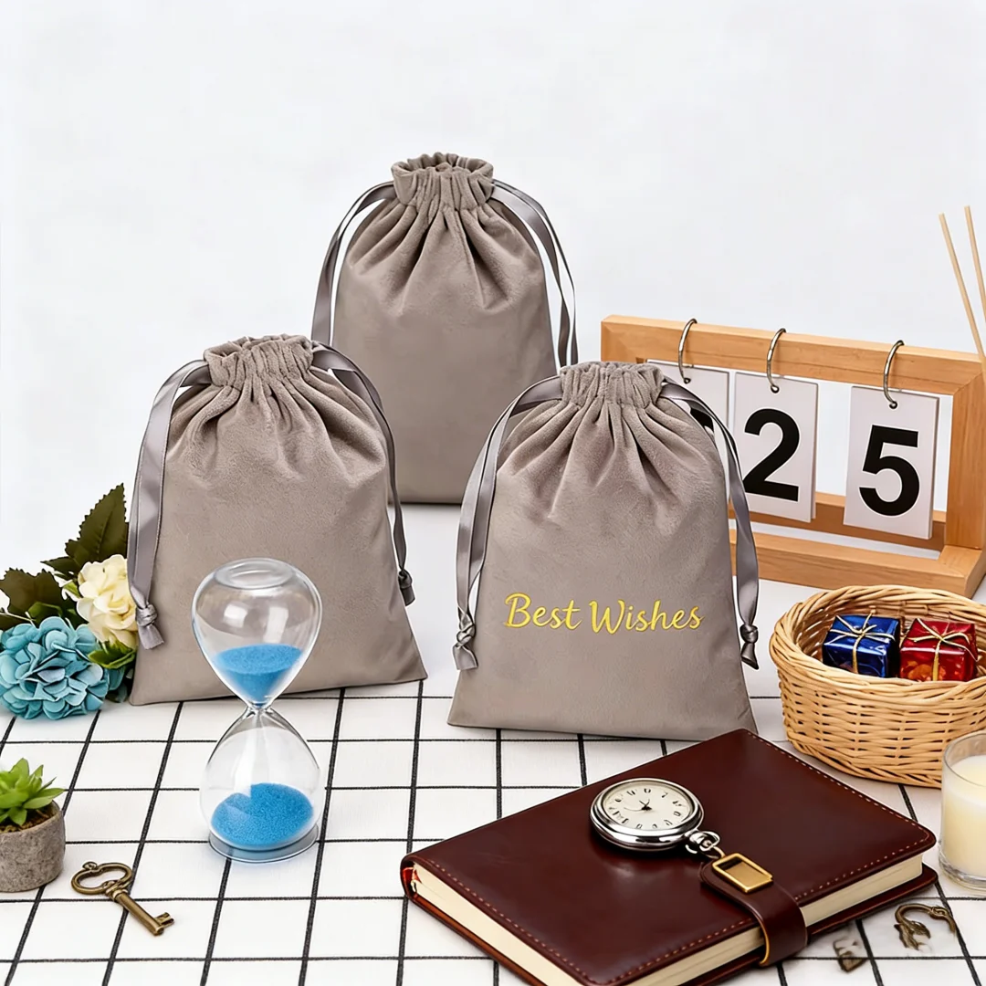 

High-End Mini Grey Velvet Jewelry Bag with Custom Logo Soft Packaging for Rings Bracelets Earrings - Wedding Christmas Gift