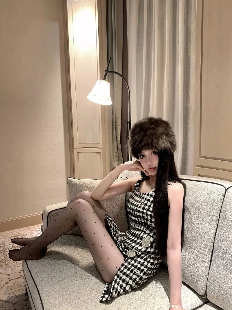 ชุดเดรสแขนกุดลาย Houndstooth สวยงาม cewek seksi หวานชุดเดรสสั้นเข้ารูปกระดุมติดเพชรสำหรับฤดูใบไม้ร่วง