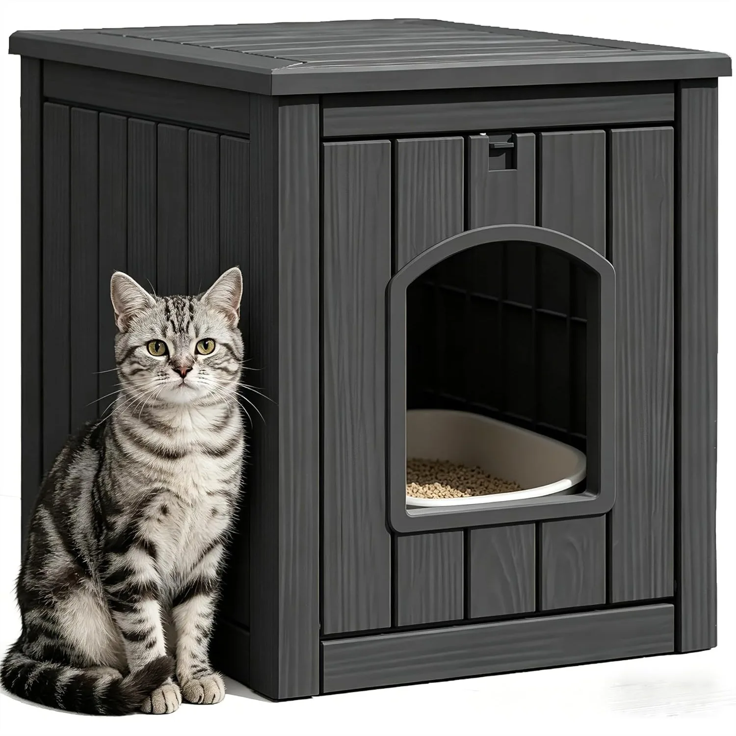 

Cat Litter Box Enclosure with Flat Top, Weatherproof Outdoor Cat House for Garden, Black