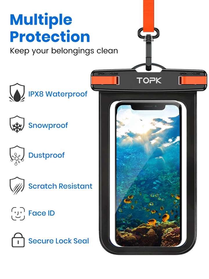 Bolsa impermeable para teléfono TOPK E01, universal IPX8 con cordón, para iPhone Samsung hasta 7.0 pulgadas 5