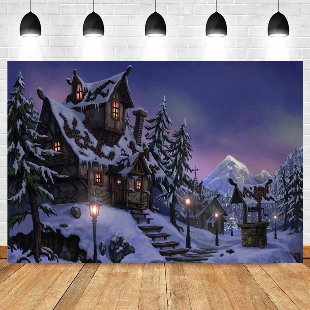 Winter Night Aurora Photography Backdrop Christmas Snowman Country House Natural Landscape Photographic Background Photo Studio