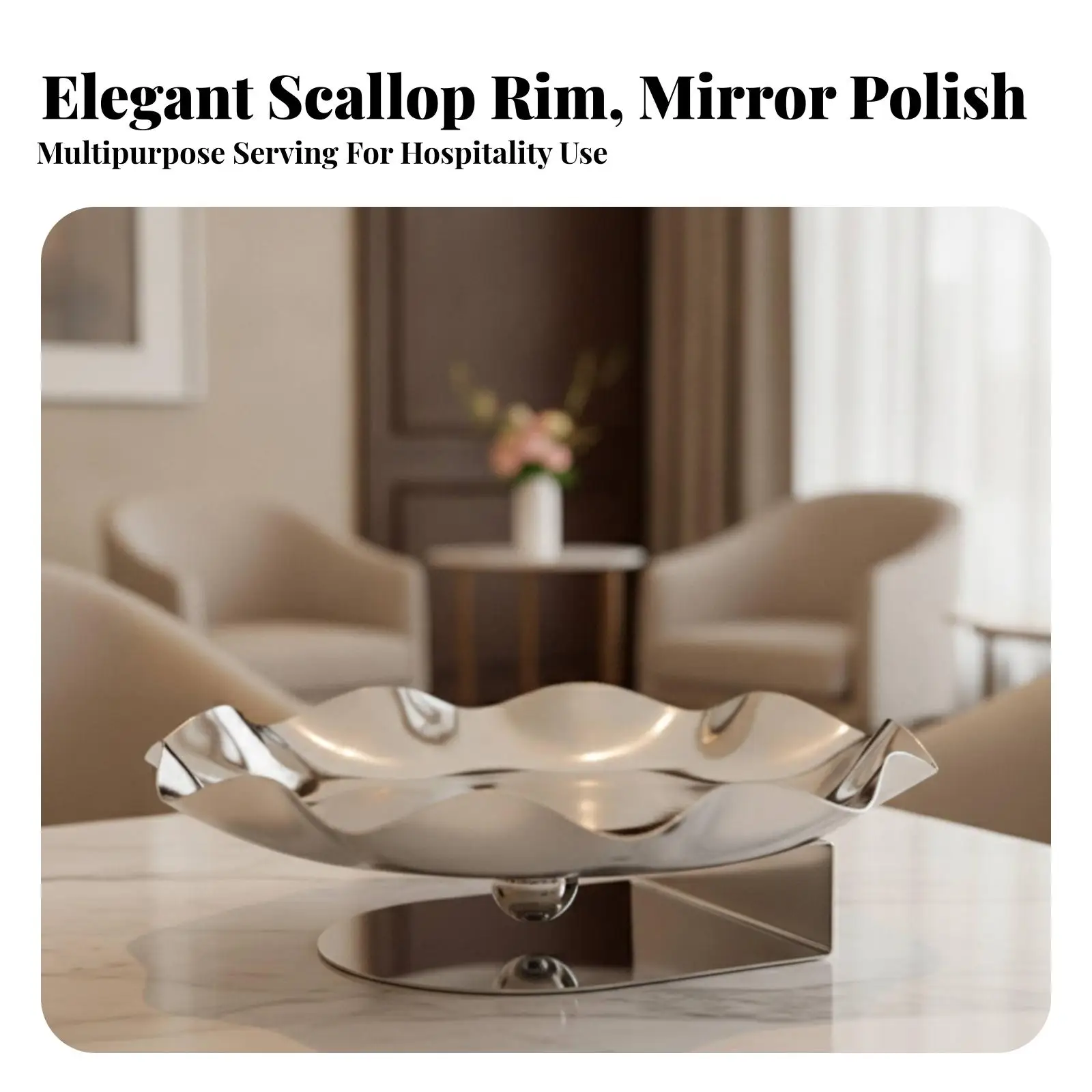Polished Steel Raised Fruit Tray with Wavy Rim for Serving Fresh Fruit Appetizers at Home Bar Counter Hospitality Dining Table