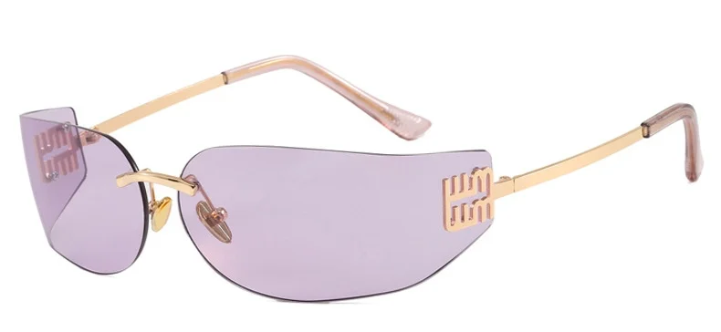 Hochwertige Randlose Rahmenlose Sonnenbrille für Damen Luxuriöse Personalisierte Y2k Gebogene Metallbuchstaben Sonnenbrillen Damenschattierungen