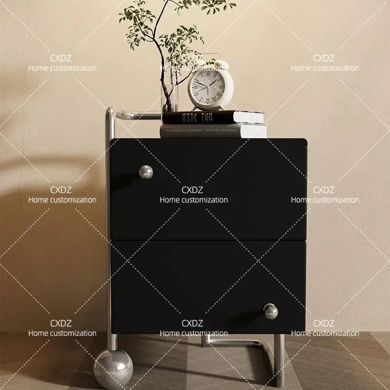 Medieval Classic Solid Wood Bedside Table with Drawers Modern Simple Stainless Steel Storage Locker for Bedroom Minimalist
