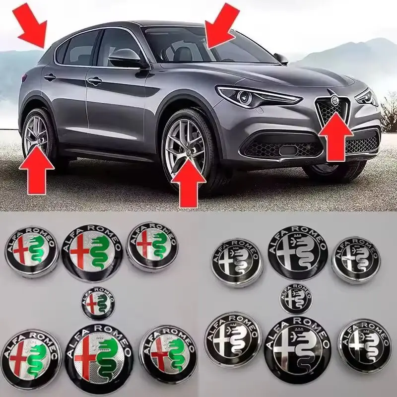 7pcs for Alfa Romeo New Logo 74mm Hood Trunk 40mm Steering Wheel Badge 60mm Wheel Center Cap Emblem 159 Spider Giulietta Keyring