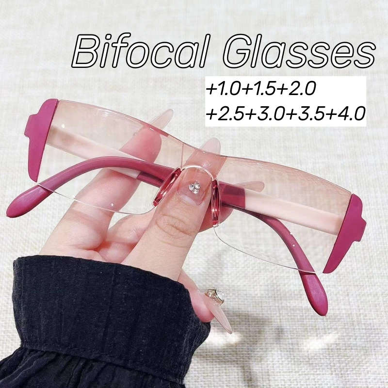 Women Vintage Rimless Bifocal Glasses Luxury Design Far Sight Reading Glasses Square Transparent Presbyopia Eyewear for Man Lady