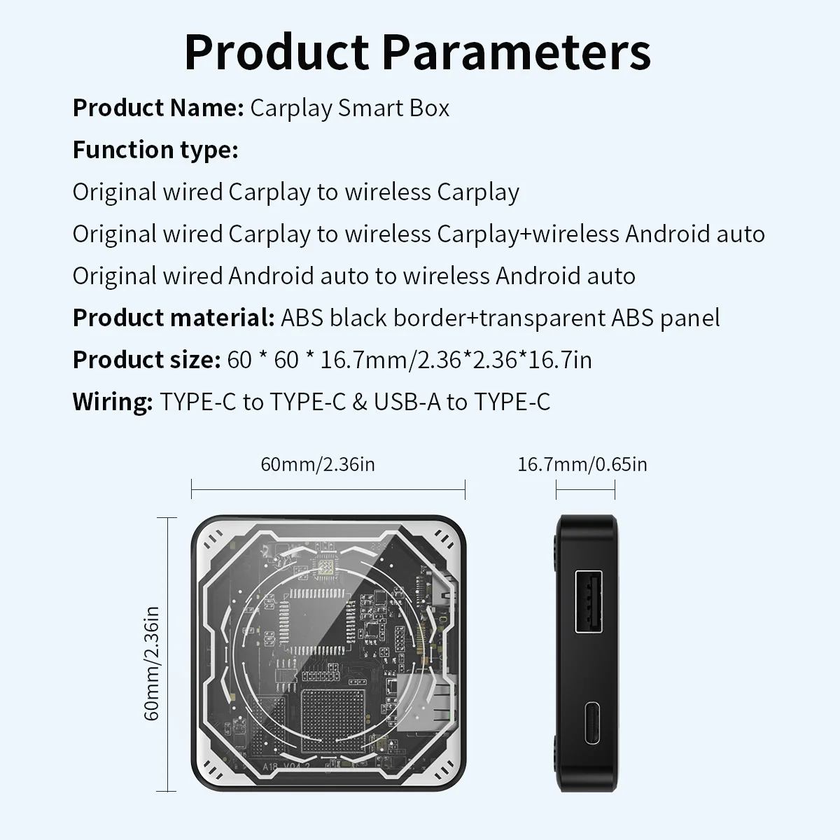 Portable Type-C CarPlay smart box with dual-screen interaction，voice control，support wireless Carplay，wireless IOS/Android auto