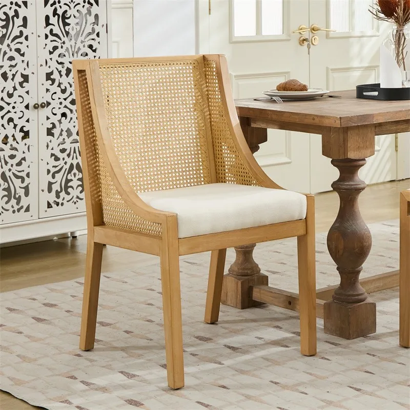 

Rattan Dining Chairs, Solid Wood Seat w Decorative Armrests, Linen Upholstered