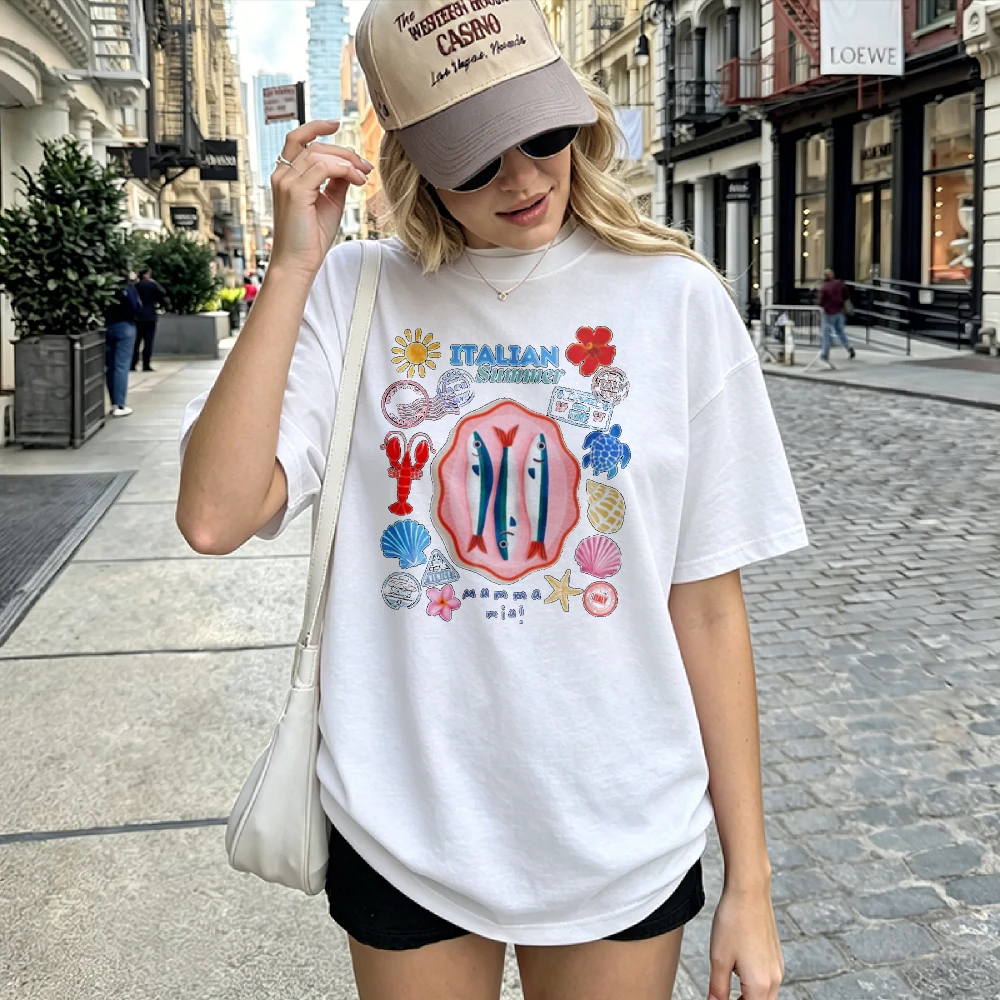 Italian Summer Crew Neck Short Sleeve Cotton T Shirt Ocean Beach Fish Lobster Seashells Turtle Sun Flowers Text Print Casual Top