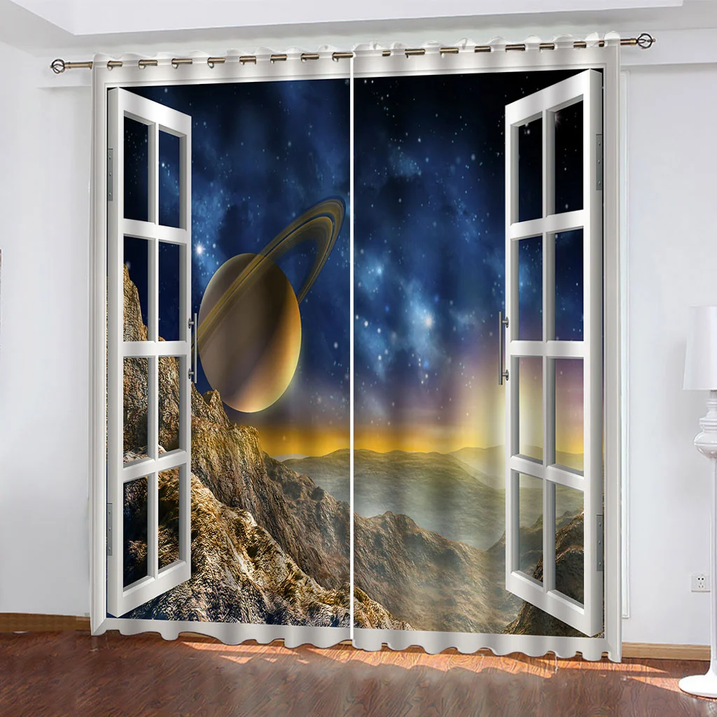 3D Window View Blackout Curtains For Living Room 2 Pieces Fashion Door Hall Home Decor Window Curtains For Kids Bedroom