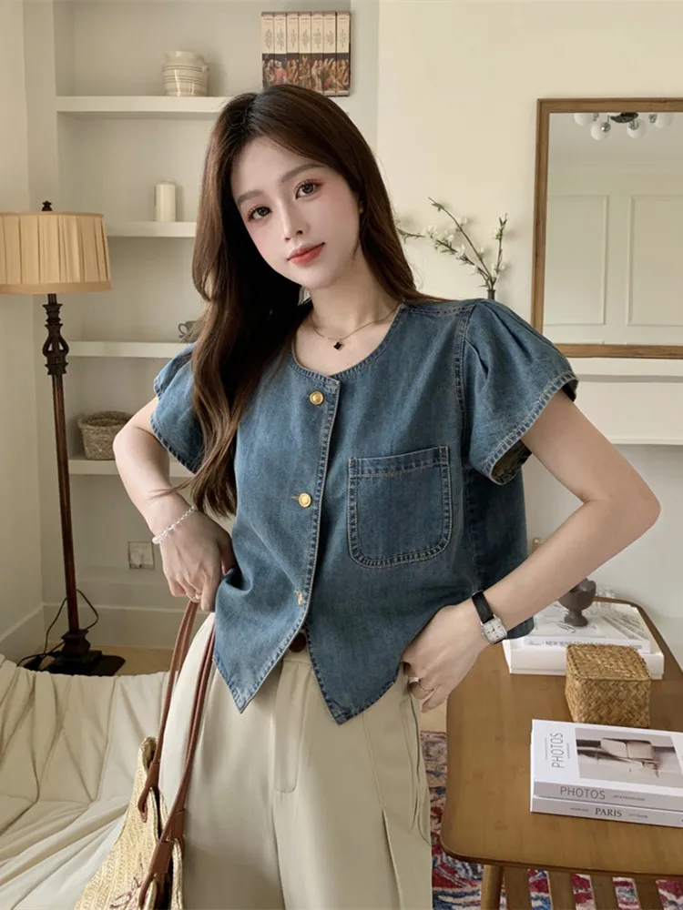 Korean style Retro Women Denim Tees Solid O-neck One Breasted Casual Tops Shirt Female Summer Fashion T-shirt