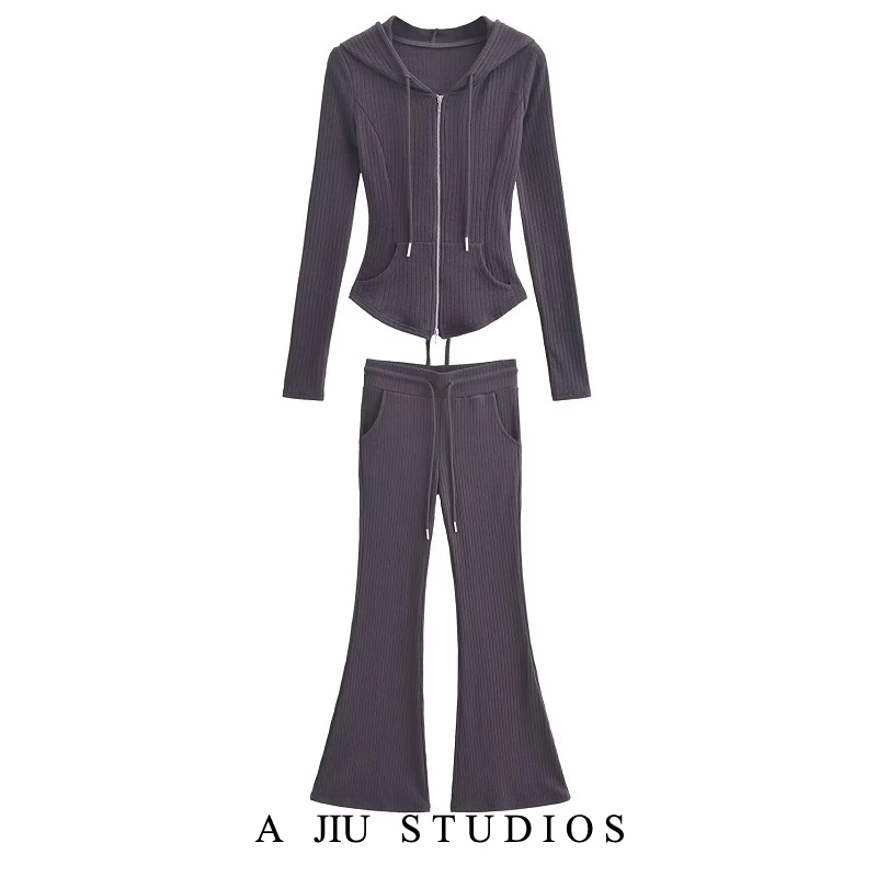 

Кардиган с двойной молнией для девочек с низкой талией, куртка с капюшоном на шнурке, утягивающие брюки-клеш, модный ансамбль