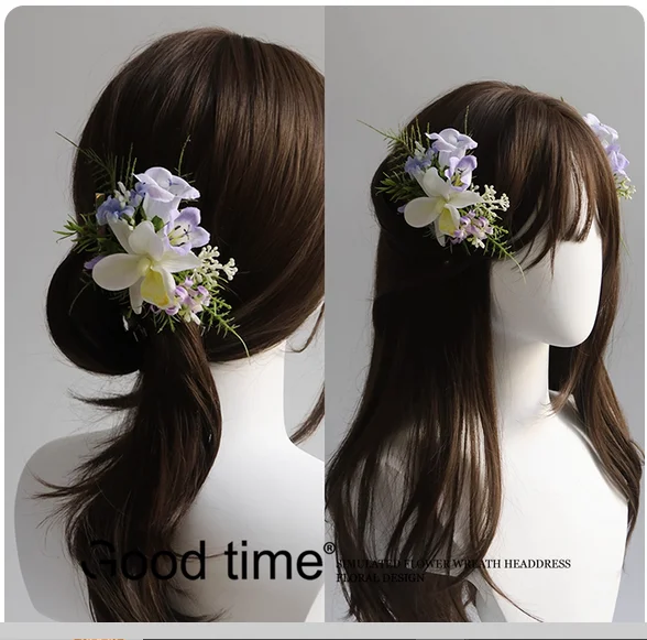 موري ماكياج التصوير الفوتوغرافي صور إكسسوارات الشعر دبوس الشعر العروس الزفاف ماكياج النمذجة غطاء الرأس إكليل الزفاف الأرجواني