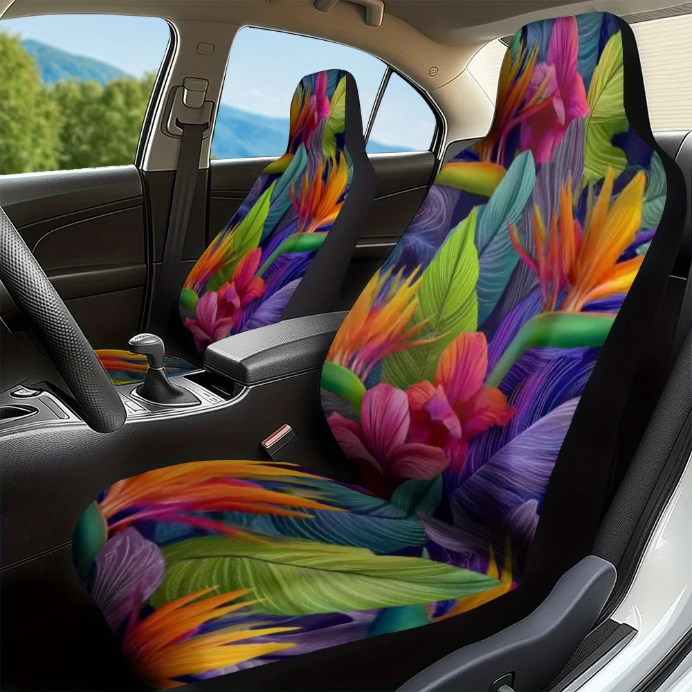 Set Of 2, Stylish Tropical Leaf Design With Vibrant Colors For Front Seat Covers, Improves Car Interior With An Easy Front Seat