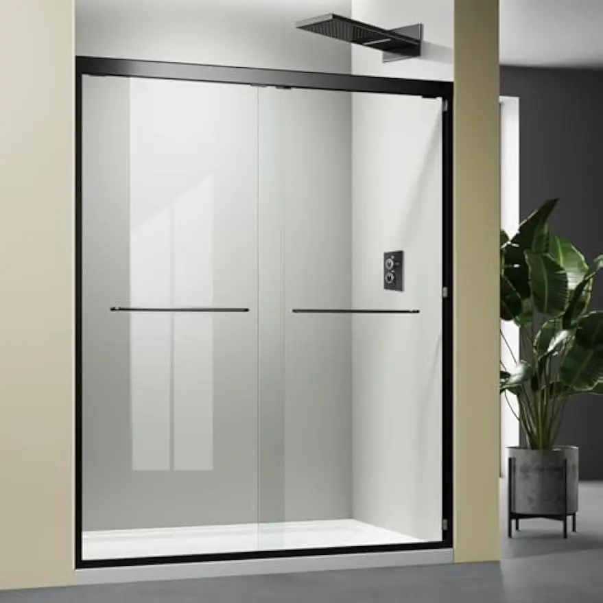 Walk In Double Sliding Shower Enclosure Tempered Glass Door Black Stainless Hardware
