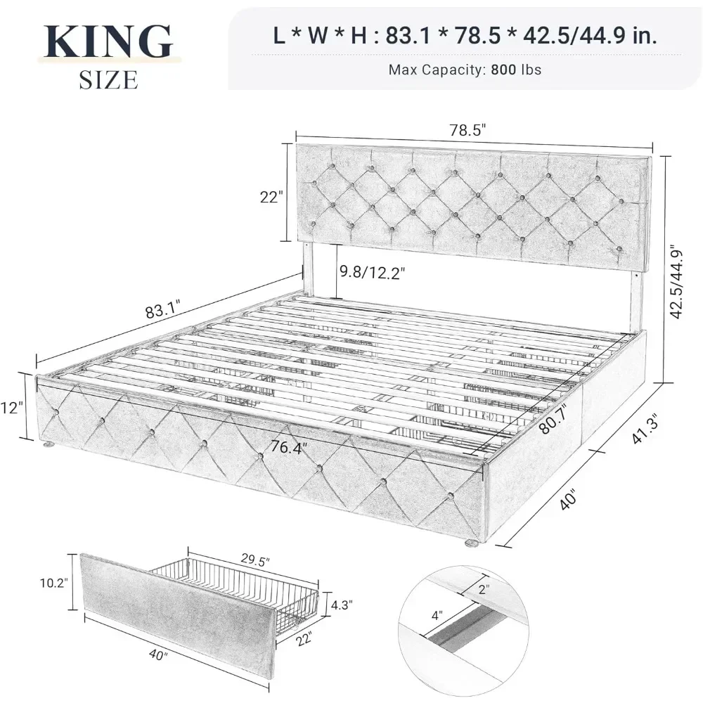 Extra Large Padded Bed Frame with 4 Storage Drawers and Headboard,diamond Sewn Button Tuft,mattress Base with Wooden Support,bed