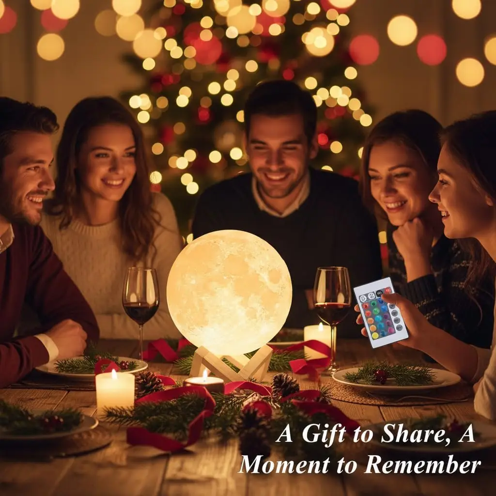 Large 9.6' Moon Night Light with Wooden Base, Touch-Dimmable & Rechargeable, 16 Colors for Bedroom Decor