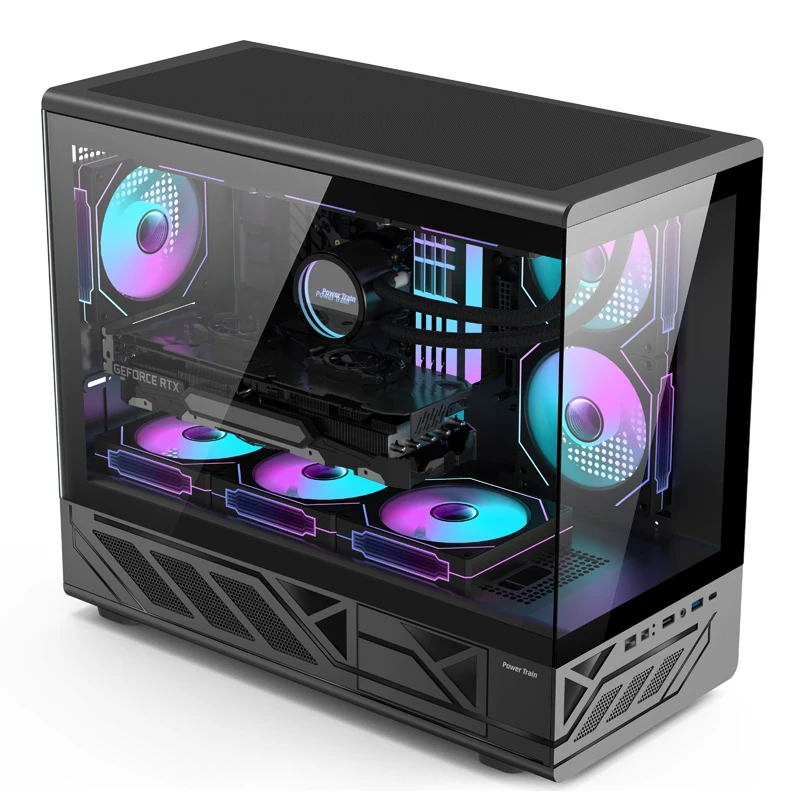 حافظة كمبيوتر N5 من Power Train MATX جانب زجاجي شفاف لغرفة عرض البحر خالية من العمود 360 درجة حافظة كمبيوتر من النوع C مبردة بالماء