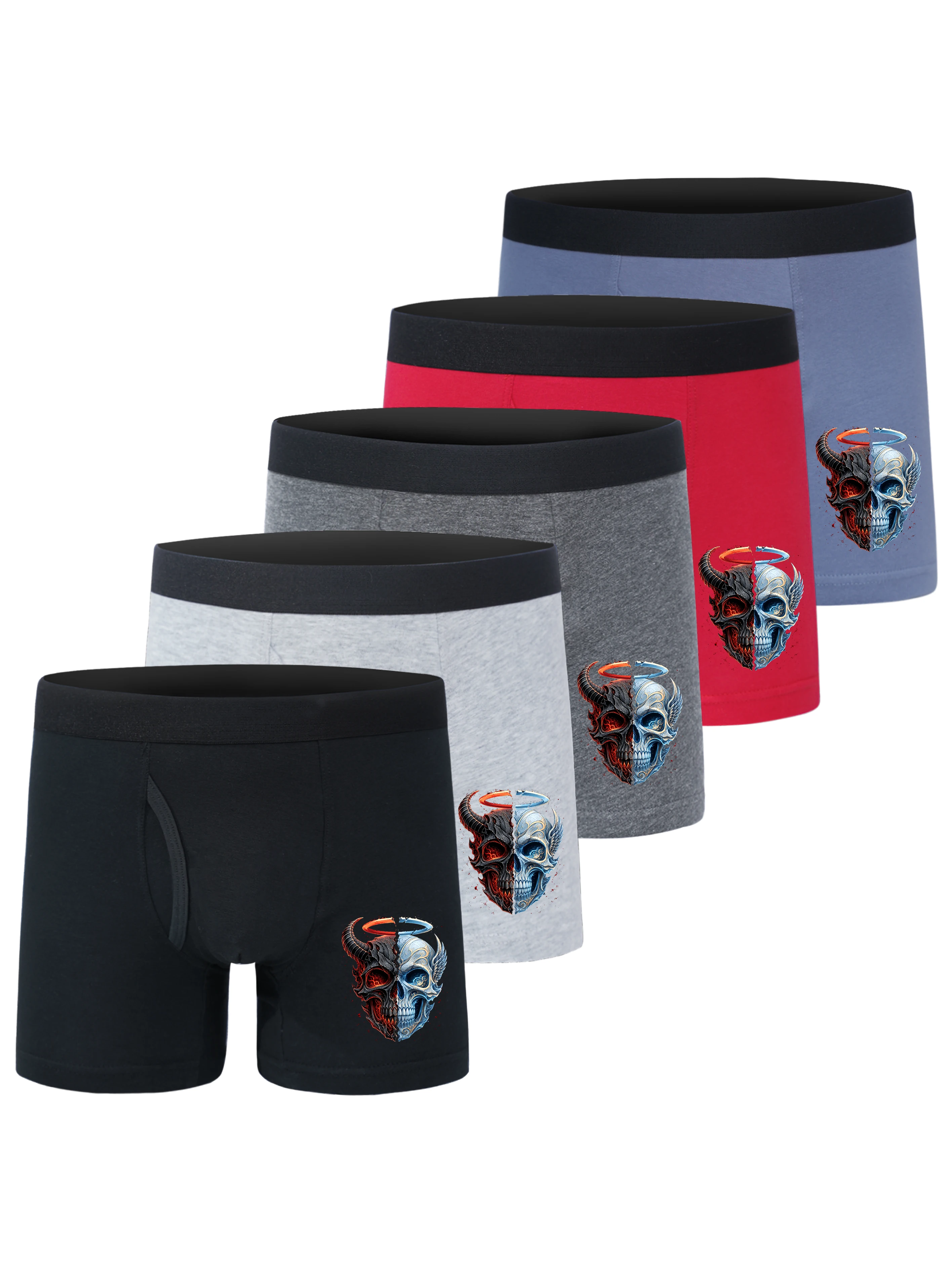 5 Pack 95% Cotton 5% Elastane Boys Open Fly Boxer Briefs Angel Devil Half Skull Print Kids Soft Underwear For Boys