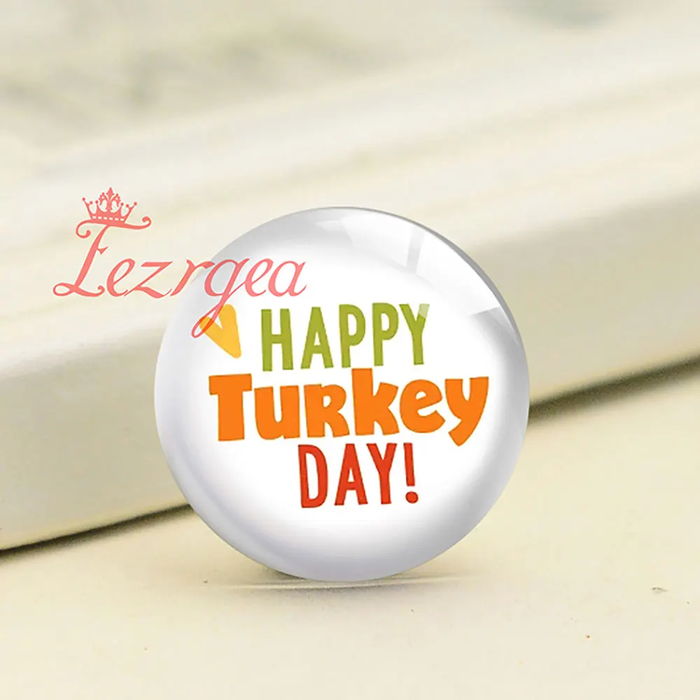 Happy Turkey Gobble Till Wobble Thanksgiving Round Photo Glass Cabochon Demo Flat Back DIY Jewelry Making Supplies Snap Button