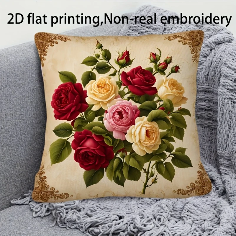2D Printed Vintage Rose Flower Pillow Cover Retro Floral Bouquet Print Soft Throw Pillow Case for Shabby Chic Home Decor Gift