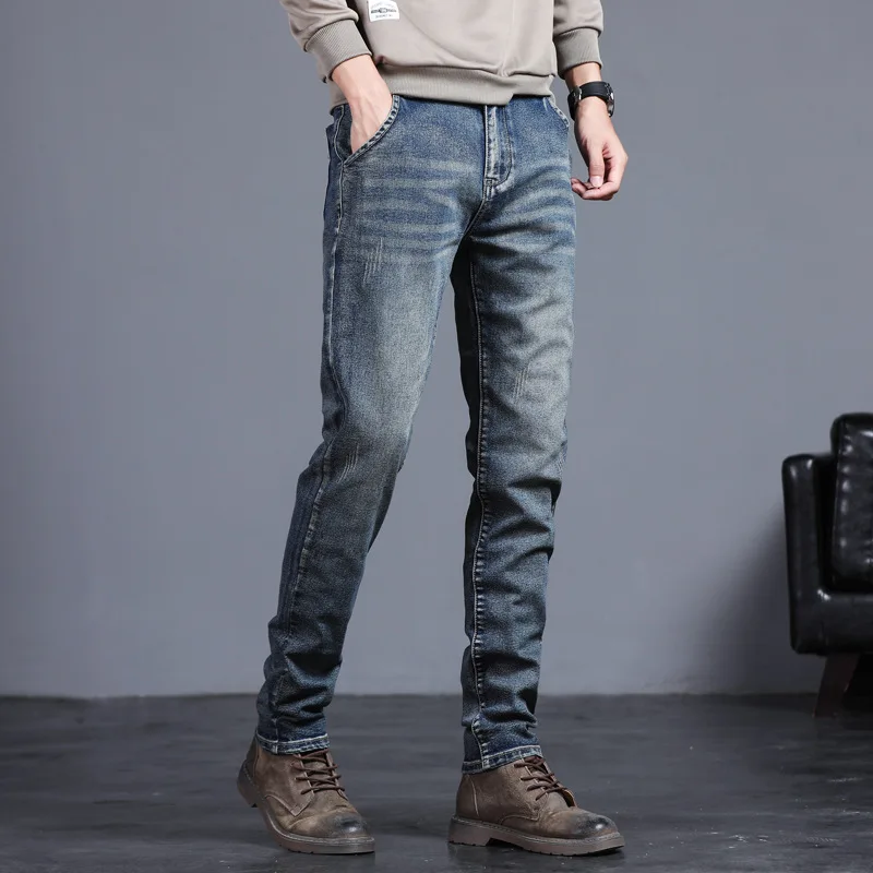 2023 New Autumn Winter Men's Jeans Vintage Blue Solid Color Elastic Classic Jeans Men Slim Fashion Denim Trousers Male 27-38