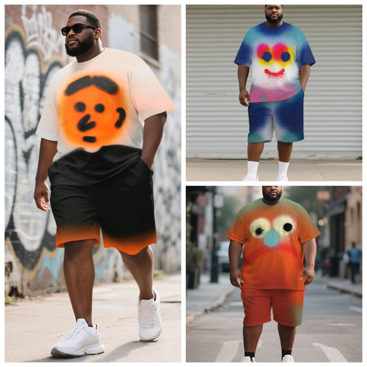 

S-9XL Big & Tall Spray Paint Cute Face Gradient Print Tee & Shorts 2Pcs Casual Street Outfit
