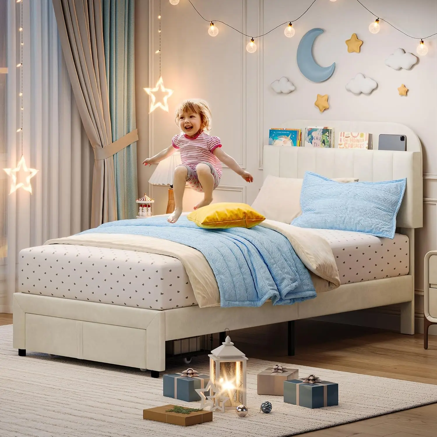 إطار سرير مزدوج، سرير بمنصة منجدة مخملية مع لوح أمامي لخزانة الكتب للأطفال والبنات، أرجل دعم فولاذية شديدة التحمل، سهلة التجميع