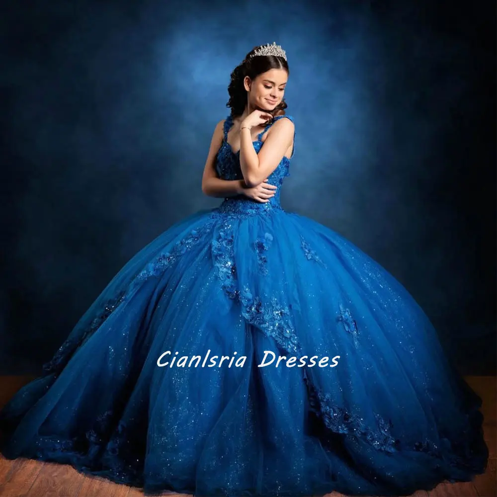 Royal Blue 3D Flowers Crystal Quinceanera Dress Ball Gown Spaghetti Strap Appliques Corset Sweet 15 Vestidos De Quinceañera