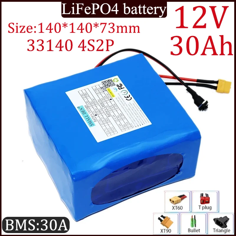 12V 30Ah 33140 4S2P LiFePO4 Battery Pack 30000mAh High Capacity Built-in 30A BMS for Equipment Solar Energy Storage Electric Toy