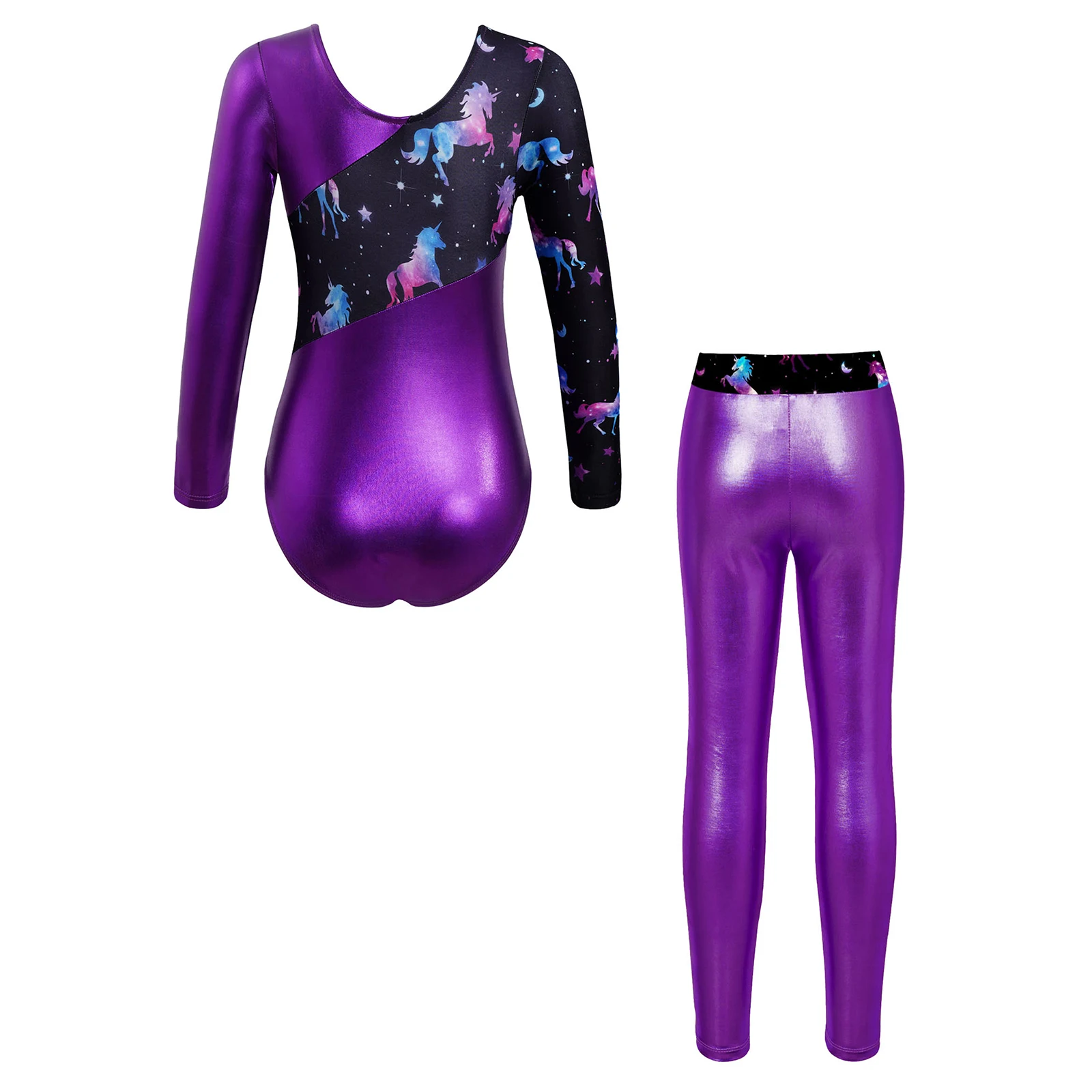 Kids Girls Gymnastics Leotards Long Sleeve Ballet Dancewear Colorful Print Athletic Yoga Workout Skating Outfit with Leggings