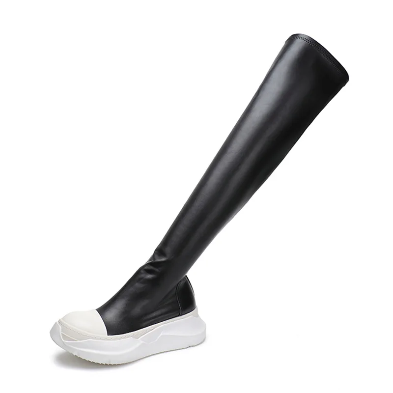 Women Over Knee High Boots PU Leather Platform Luxury Trainers Casual Sneaker High-TOP Spring Autumn Flats Black Shoes