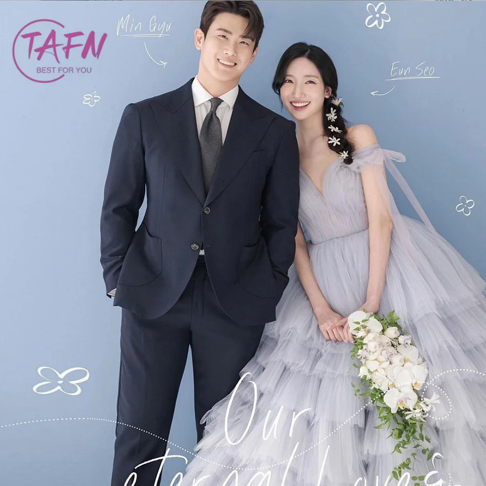 

TAFN Tulle Wedding Dresses A-line V-Neck Off the Shoulder Tiered Pleat Korea Photo Shoot Bridal Gown Custom Made Dress for Bride