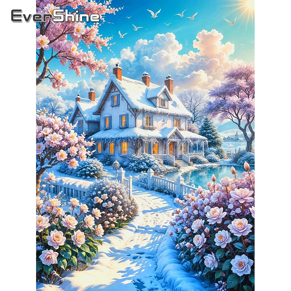 EverShine Diamant-Mosaik Haus-Landschaft Strass-Gemälde Straße Vollflächige Stickerei Blumenbild Schnee Winter Heimdekoration