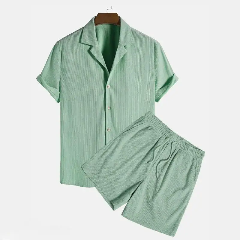 

New 2 Piece Men's Casual Loose Beach Wear Corduroy Short Sleeve Shirt Top & Shorts Pants Solid Color Set