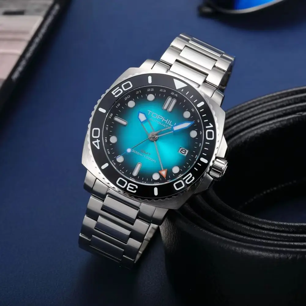 TOPHILL 43mm Mens Diving Watch GMT NH34 Sports Mechanical Wristwatch Self Winding On The Fly Adjustable Clasp 30Bar Waterproof Helium Escape Valve TD012G