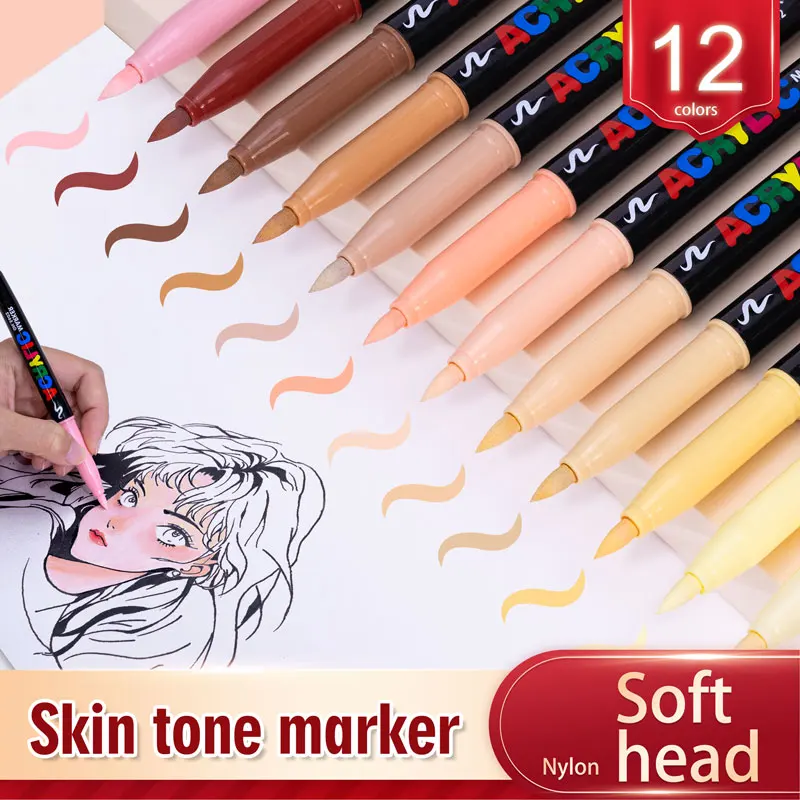 skin tone markers canetas nylon soft head acrilico marcadores caneta impermeavel soft brush nib cor figura pintura 12 cores 01