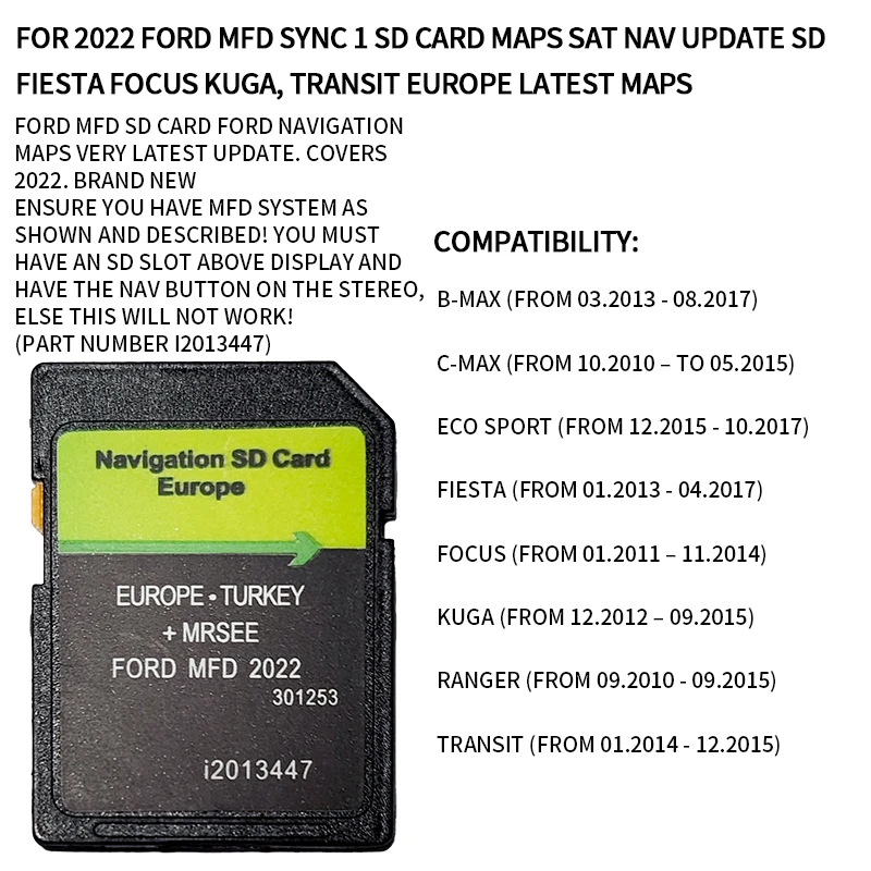 FOR 2022 FORD MFD SYNC 1 SD Card Maps Sat Nav Update SD Fiesta Focus KUGA, TRANSIT Europe Latest Maps