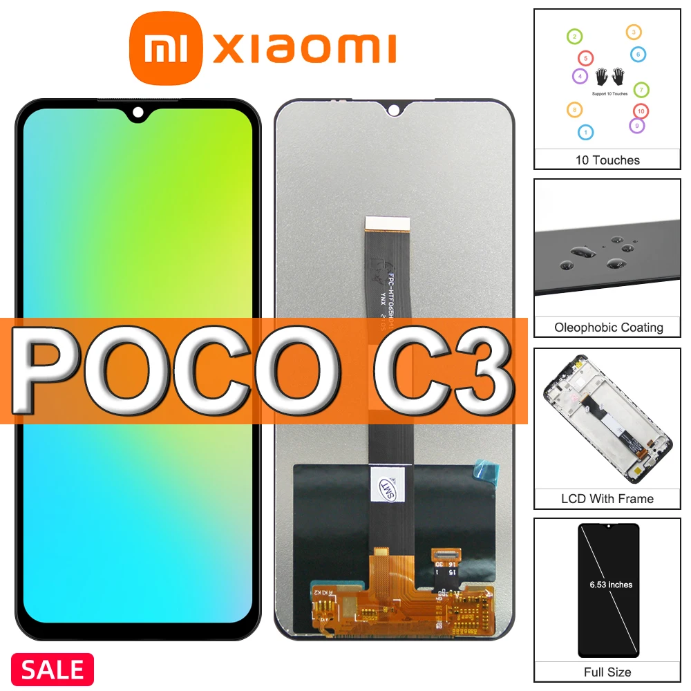 

ЖК-дисплей 6,43 дюйма для Xiaomi Poco C3, дигитайзер в сборе, Замена с рамкой для Xiaomi Poco C3, сменная деталь для ремонта дисплея