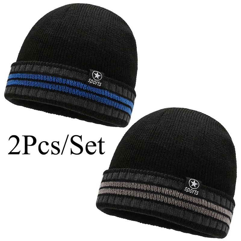 2Pcs/Set Fashionable Women's Knitted Hat Casual Letter Moon Embroidery Brimless Hat Outdoor Sports Warm Knitted Hat For Unisex
