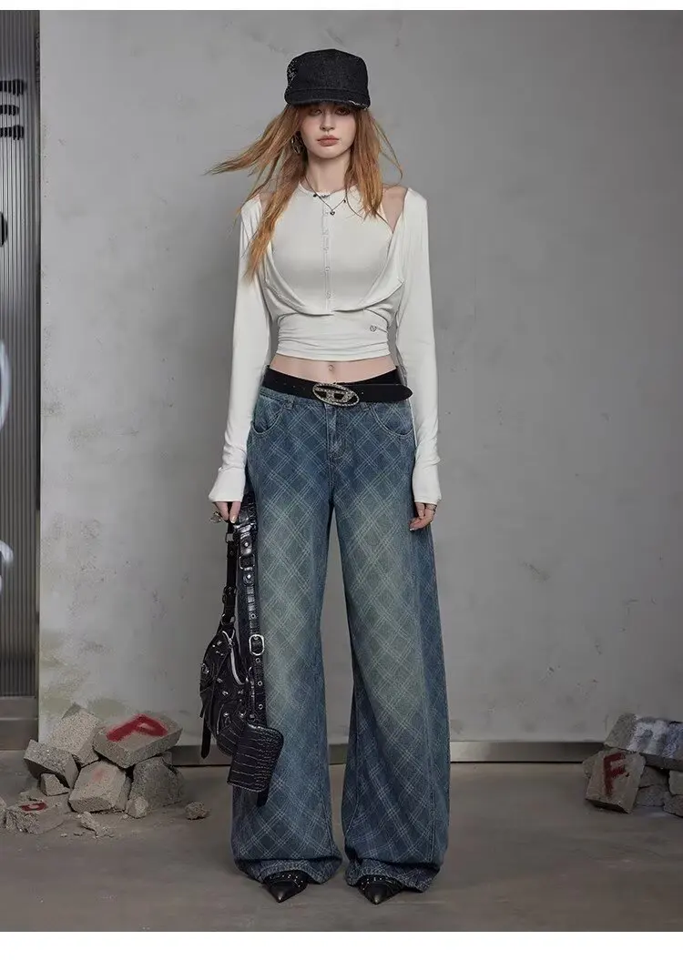 

Джинсы в сетку, американский повседневный стиль, винтажные прямые брюки свободного покроя, широкие брюки Y2k, мешковатые джинсы, женские джинсы