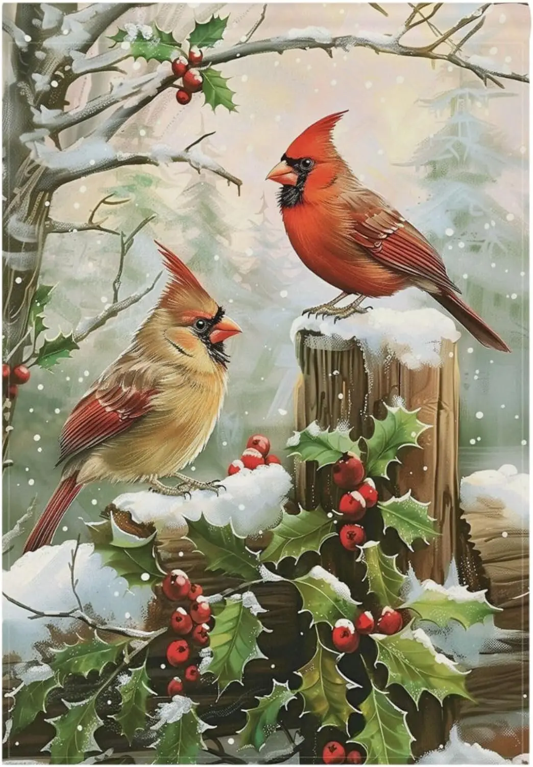 Wamika Merry Christams Garden Flags 12 x 18 Double Sided, Cardinal Red Bird Holly Berry Branches Snow Welcome Winter Holiday Yar